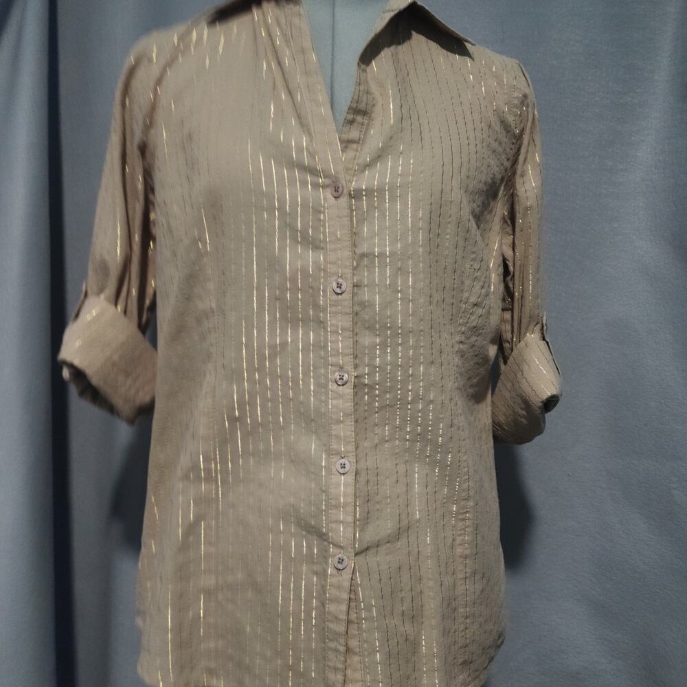 Michael Kors Roll‑Tab Sleeve Blouse Metallic Gold Thread – Size 8